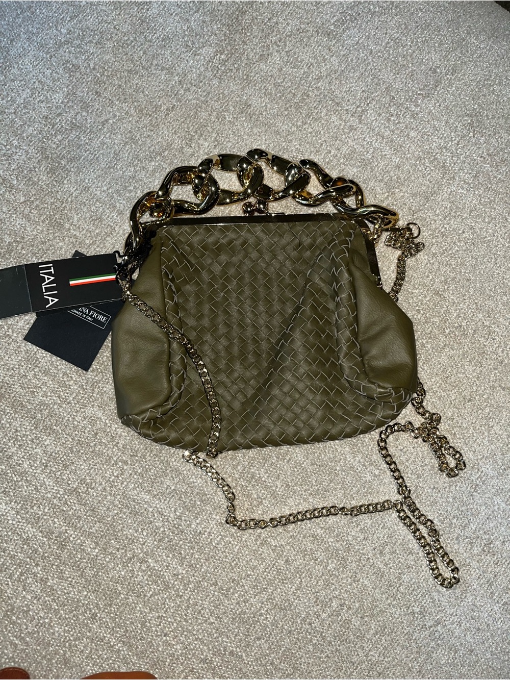 Olive Woven Mini Shoulder Bag with Chain Strap
